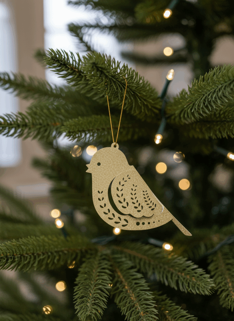 Fugl af gylden folie hængt op på en grantræ gren med julelys i baggrunden.