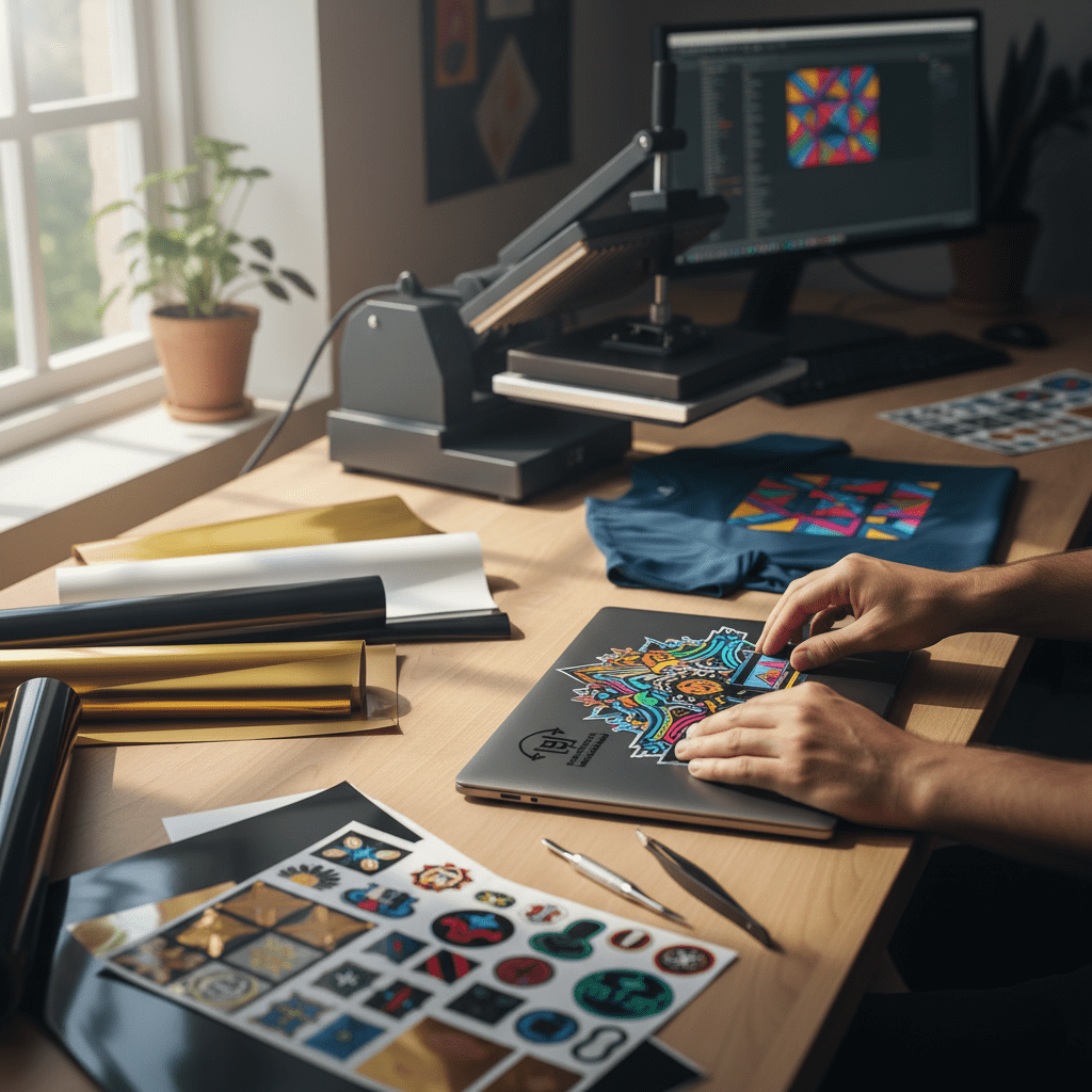 En person, der arbejder med at designe og anvende klistermærker på en laptop, omgivet af forskellige materialer som folier og klistermærker på et bord.